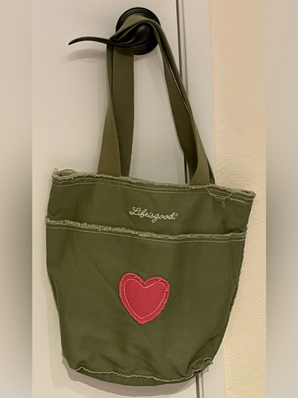 Life Is Good Olive Purse-size Canvas Tote with Pink Heart Patch